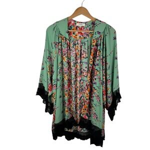 Umgee Floral Kimono‎ Cardigan Sz M/L Green Multicolor Lace Trim Boho Lightweight